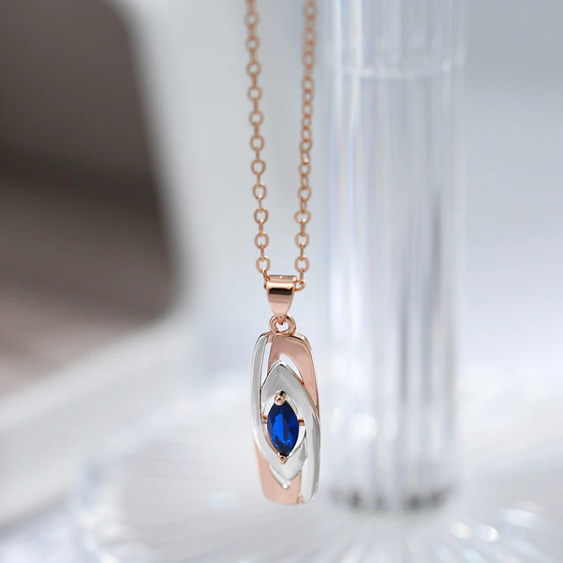 Colar Feminino Cobre Placa Onda Azul Marquise Bicolor Ouro Rosé