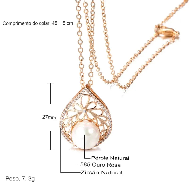 Colar Feminino Cobre Pérola Gota Filigrana Floral Pavê Zircônia Ouro Rosé 585