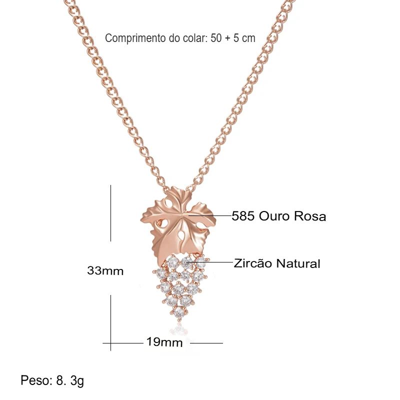 Colar Feminino Cobre Cacho Uva Zircônia Folha Videira 3D Ouro Rosé 585