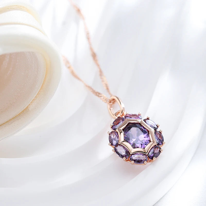Colar Feminino Cobre Flor Ametista Zircônia Roxa Ouro Rosé 585