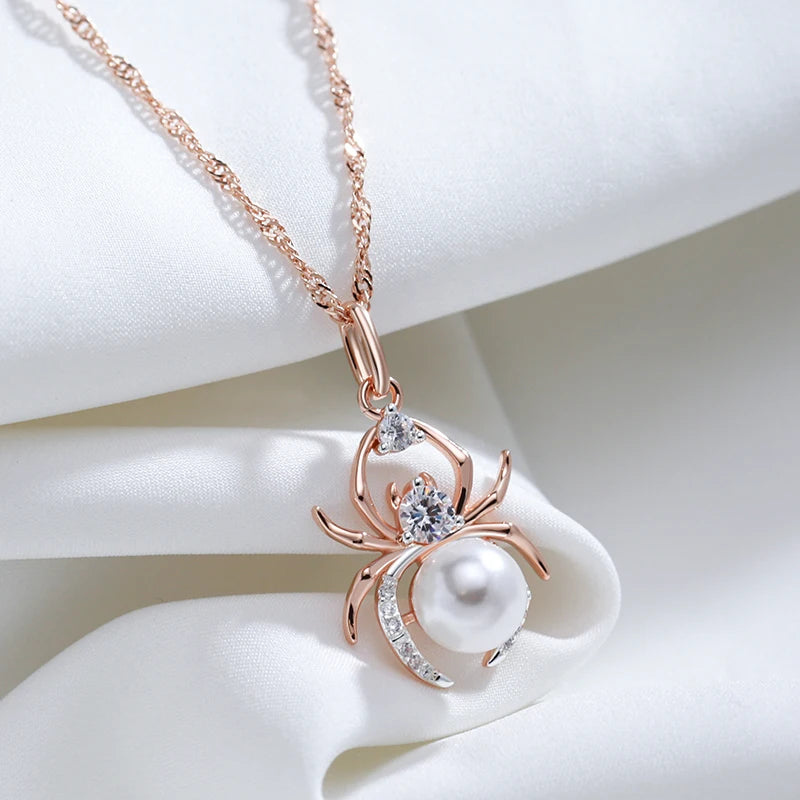 Colar Feminino Cobre Aranha Pérola Zircônia Ouro Rosé 585