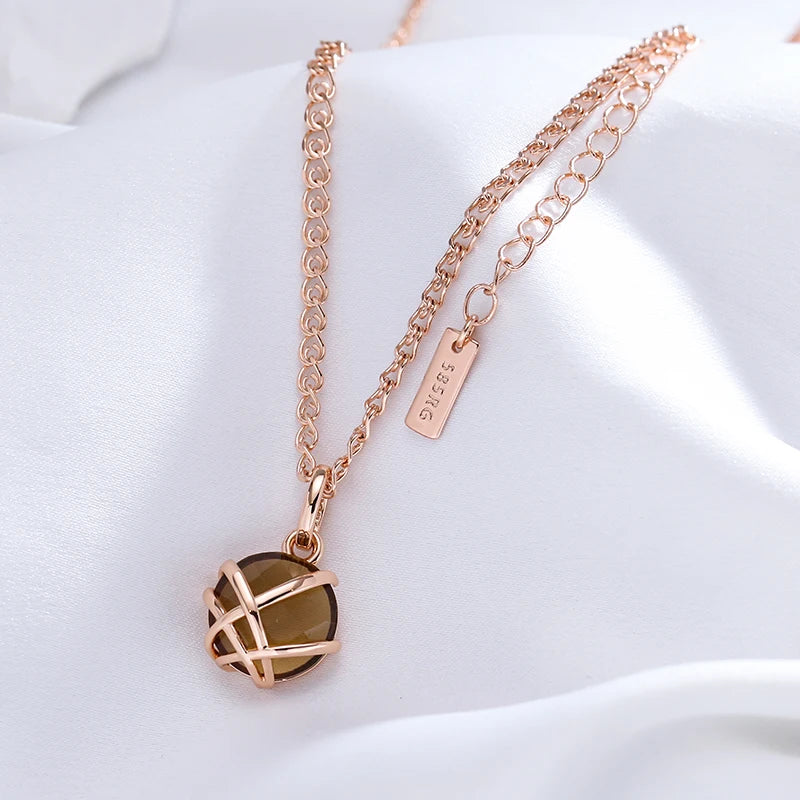 Colar Feminino Cobre Quartzo Fumê Redondo Gaiola Cruzada Ouro Rosé 585