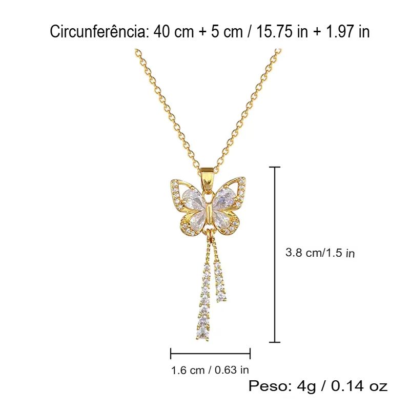 Colar Feminino Borboleta Lua com Zircônias Em Aço Inoxidável