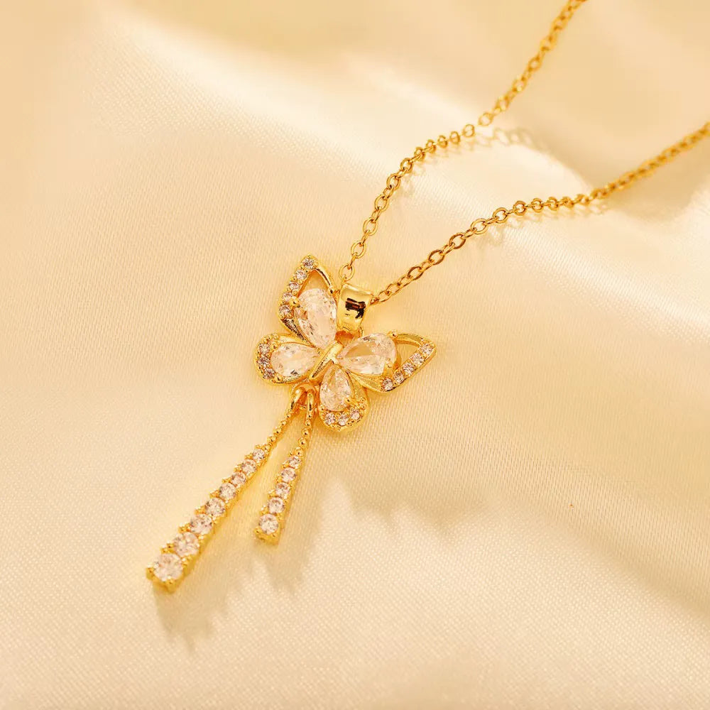 Colar Feminino Borboleta Lua com Zircônias Em Aço Inoxidável