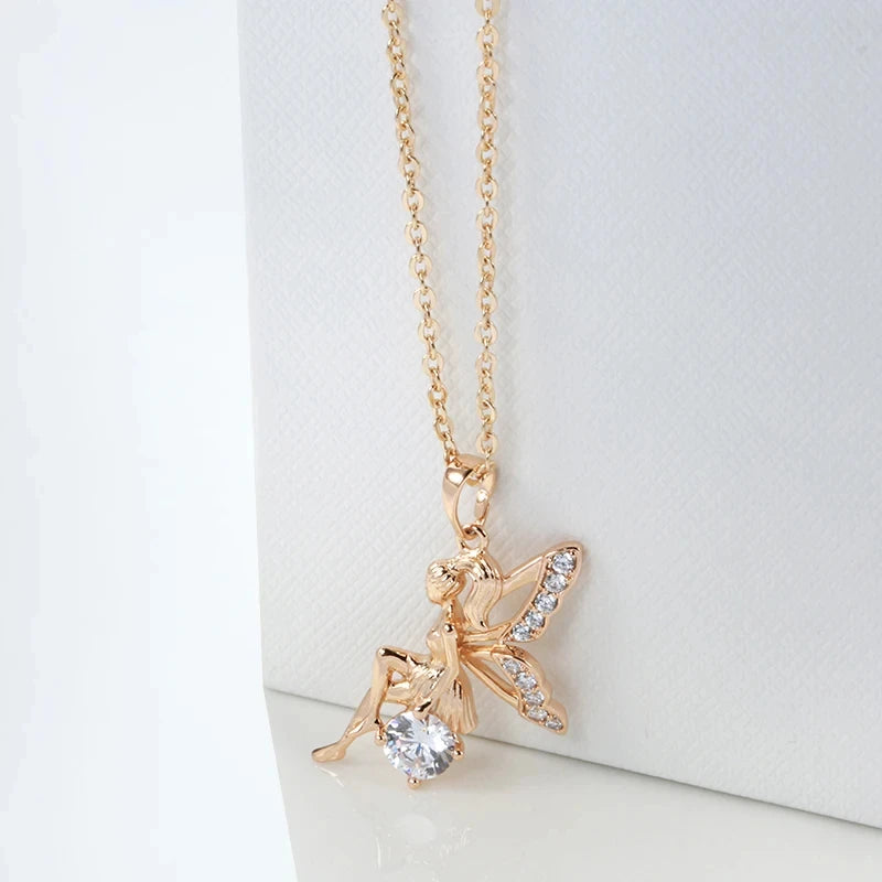 Colar Feminino Cobre Fada Borboleta Zircônia Cristal Ouro Rosé 585