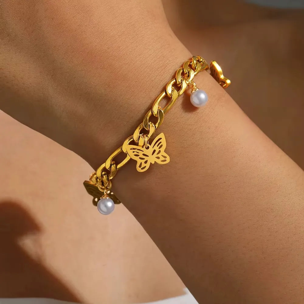 Pulseira Feminina Borboleta Pérola Em Aço Inoxidável