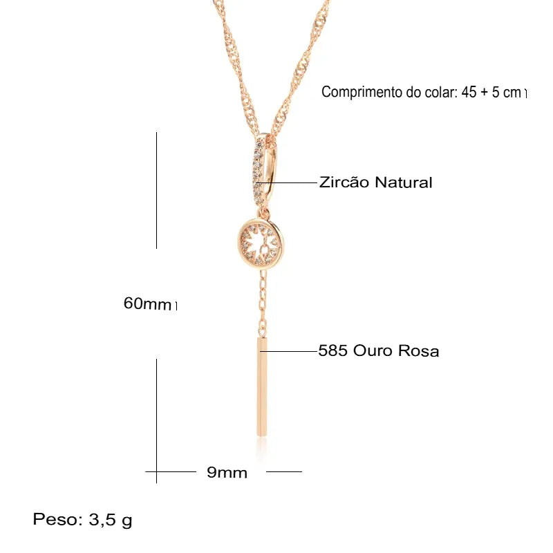 Colar Feminino Cobre Círculo Oco Zircônia Barra Pendente Ouro Rosé 585