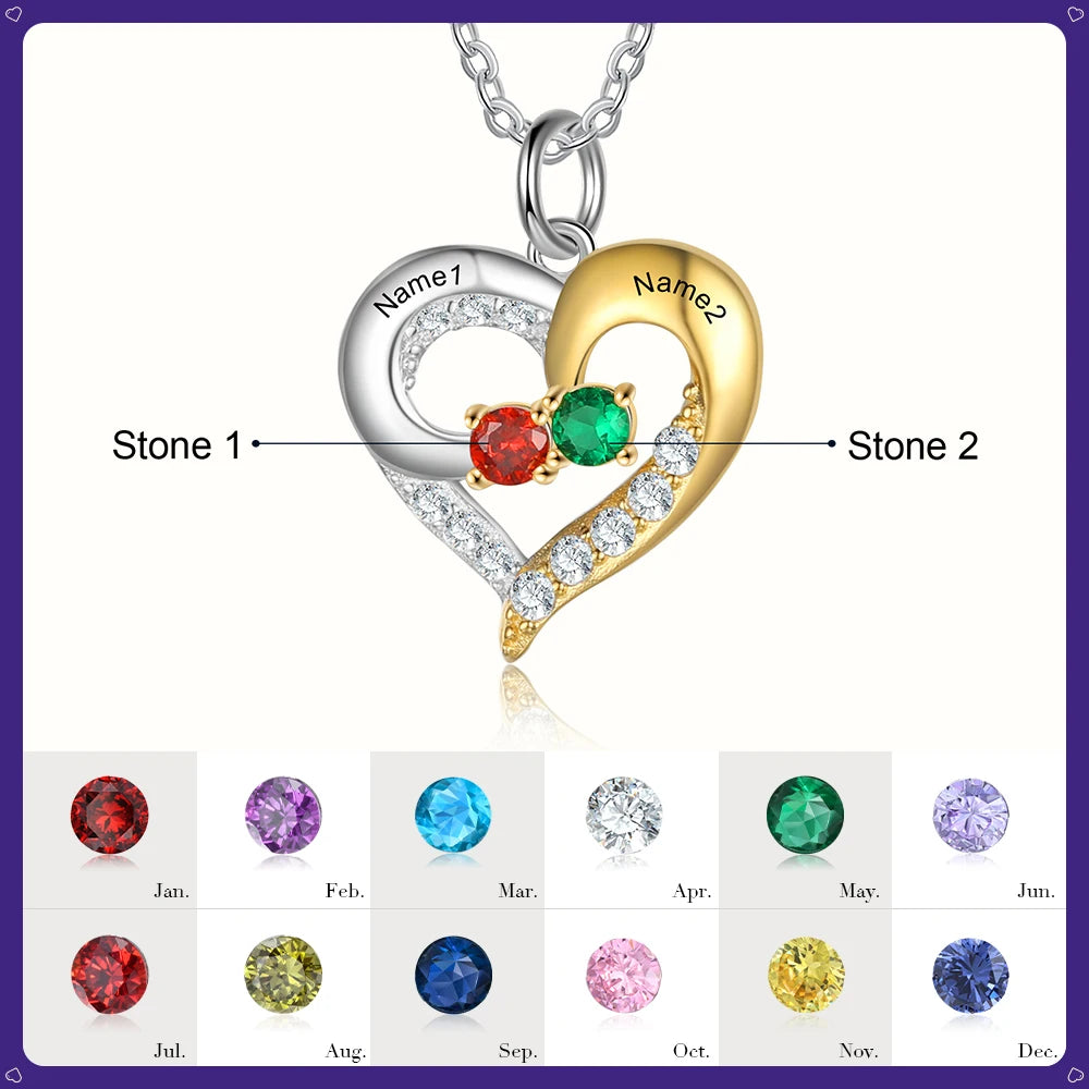 925 prata esterlina personalizado coração colar com 1-5 birthstones personalizado gravado nome das mães pingentes presentes do ano novo