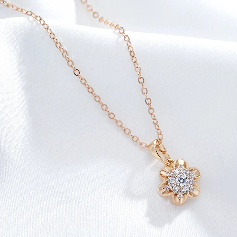 Colar Feminino Cobre Flor Halo 6 Pétalas Zircônia Baguete Ouro Rosé 585