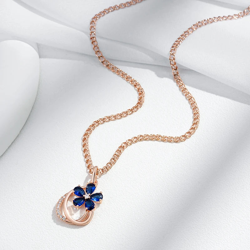 Colar Feminino Cobre Flor Safira Azul Pear Argola Pavê Ouro Rosé 585