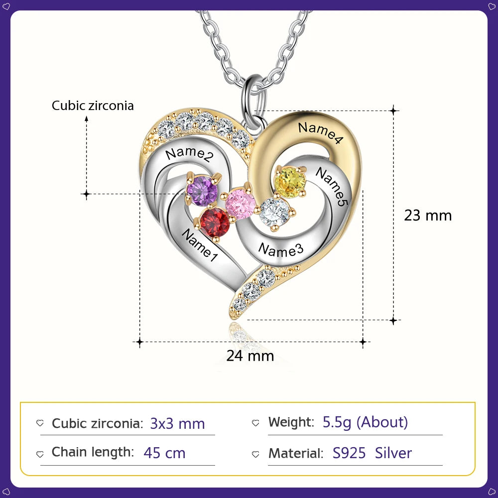 925 prata esterlina personalizado coração colar com 1-5 birthstones personalizado gravado nome das mães pingentes presentes do ano novo