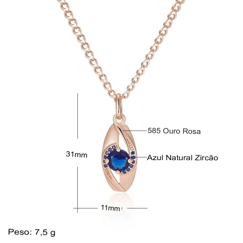 Colar Feminino Cobre Marquise Vazado Safira Zircônia Azul Ouro Rosé 585
