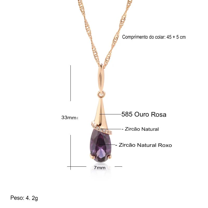 Colar Feminino Cobre Ametista Gota Bail Cônico Zircônia Meia-Lua Ouro Rosé 585