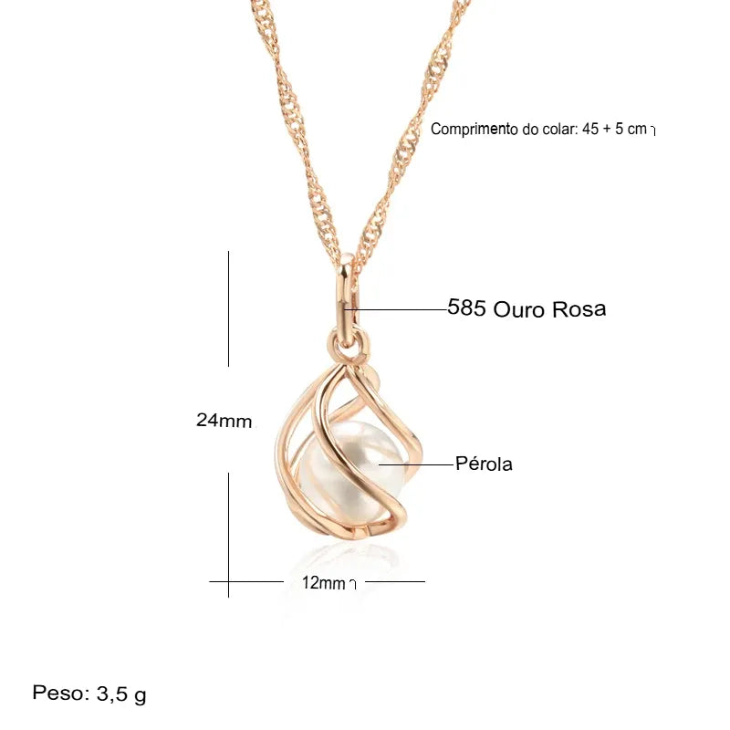 Colar Feminino Pérola Geométrico Oco Ouro Rosé 585 Cobre