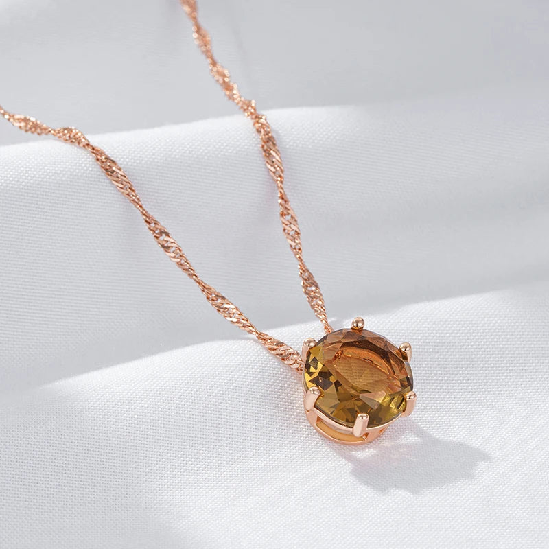 Colar Feminino Cobre Solitário Zircônia Oliva Citrino Garras Ouro Rosé