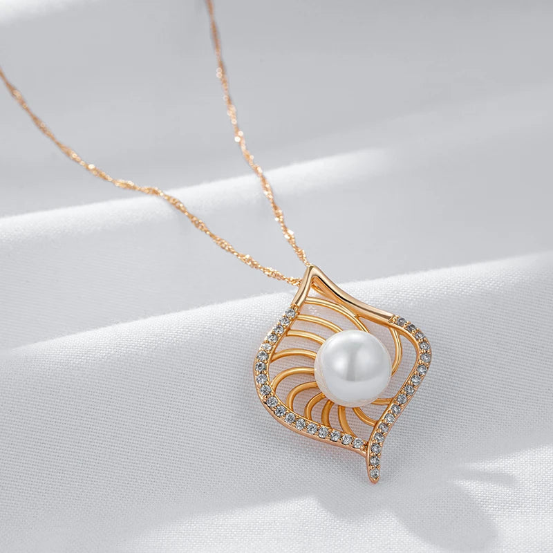 Colar Feminino Cobre Losango Pérola Pétalas Espiral Zircônia Ouro Amarelo 585