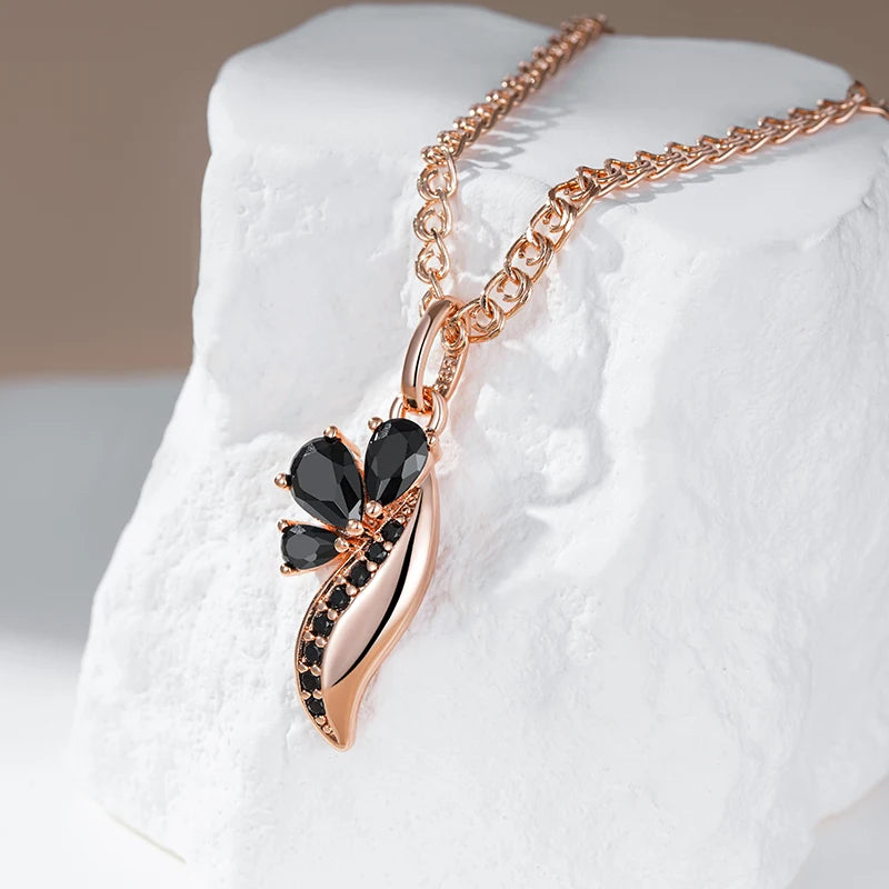 Colar Feminino Cobre Flor Ônix Folha Zircônia Preta Ouro Rosé 585