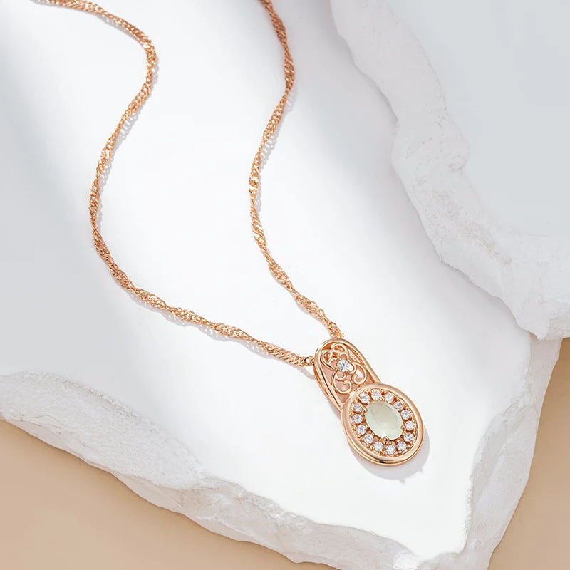 Colar Feminino Cobre Circular Jade Verde Halo Zircônia Arabesco Ouro Rosé
