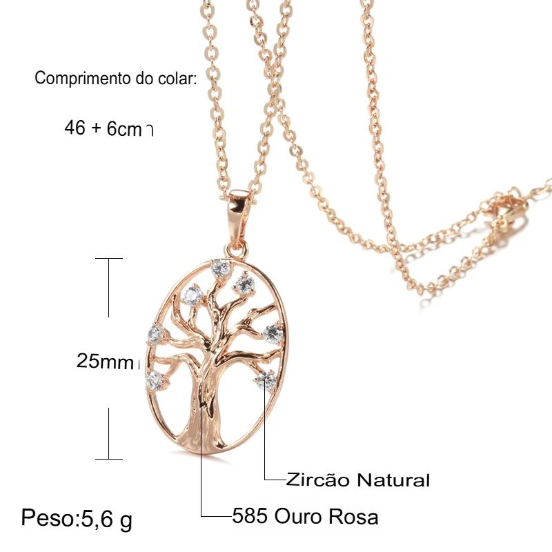 Colar Feminino Cobre Árvore da Vida Oval Zircônia Tronco 3D Ouro Rosé 585