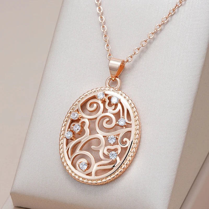 Colar Feminino Cobre Oval Filigrana Arabesco Zircônia Ouro Rosé 585