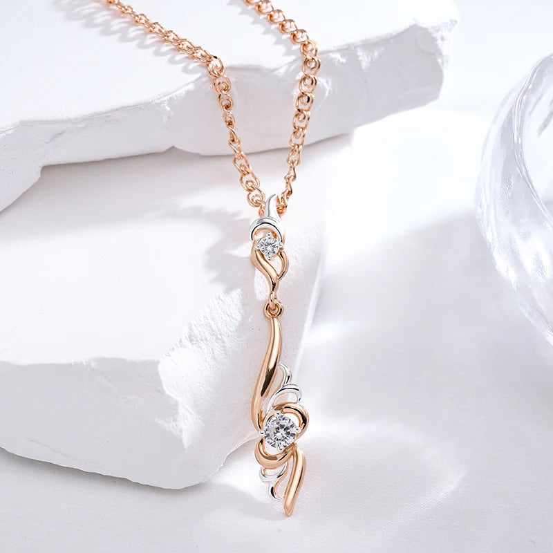 Colar Feminino Cobre Drop Ondulado Bicolor Zircônia Ouro Rosé Prata 585