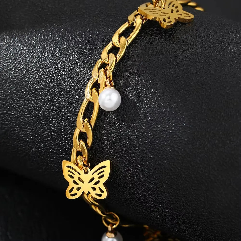 Pulseira Feminina Borboleta Pérola Em Aço Inoxidável