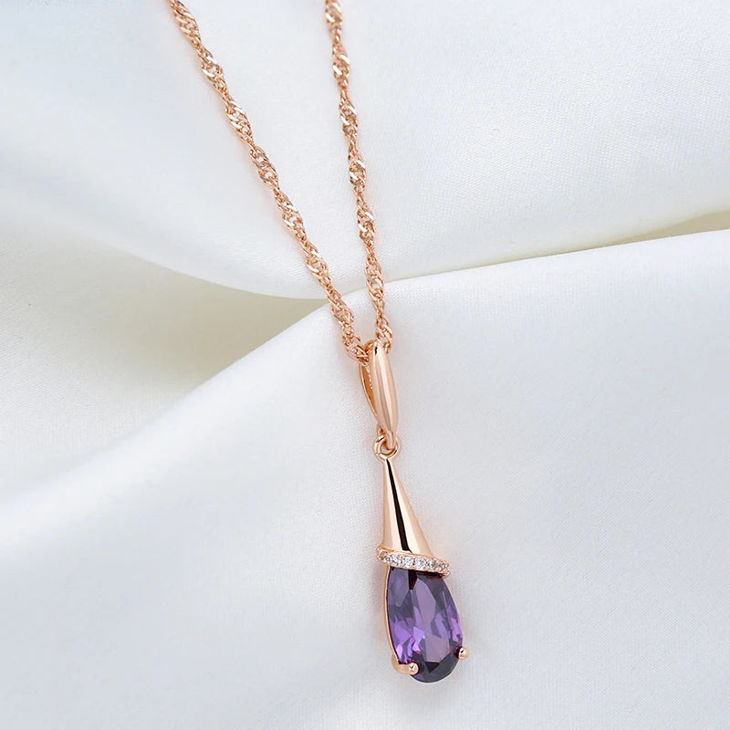 Colar Feminino Cobre Ametista Gota Bail Cônico Zircônia Meia-Lua Ouro Rosé 585