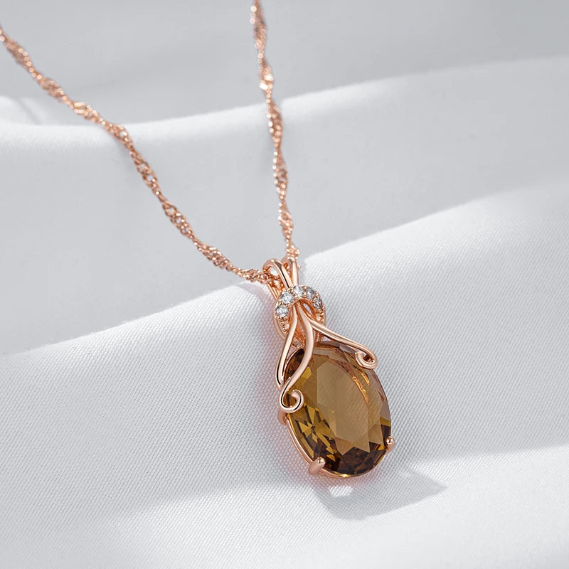 Colar Feminino Cobre Citrino Oval Âmbar Bail Arabesco Zircônia Ouro Rosé 585