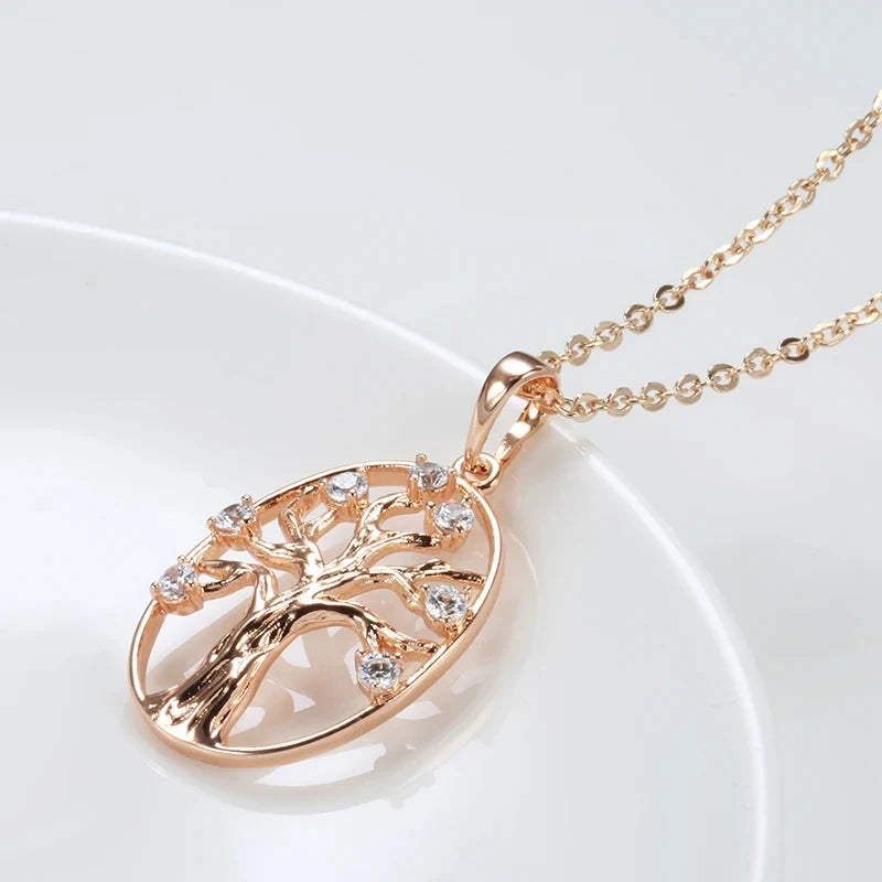 Colar Feminino Cobre Árvore da Vida Oval Zircônia Tronco 3D Ouro Rosé 585