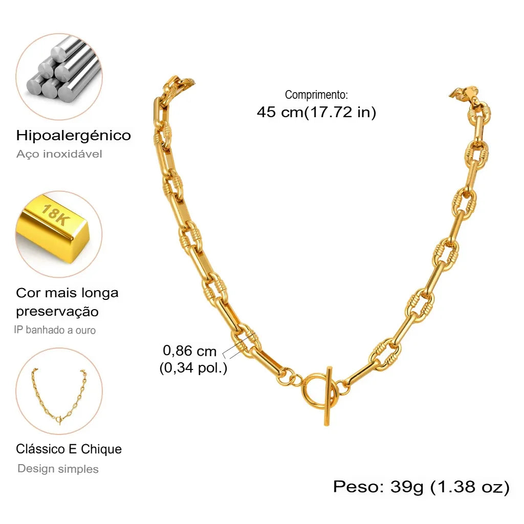 Colar Feminino Corrente Oval Fecho Toggle Banhado Ouro 18k