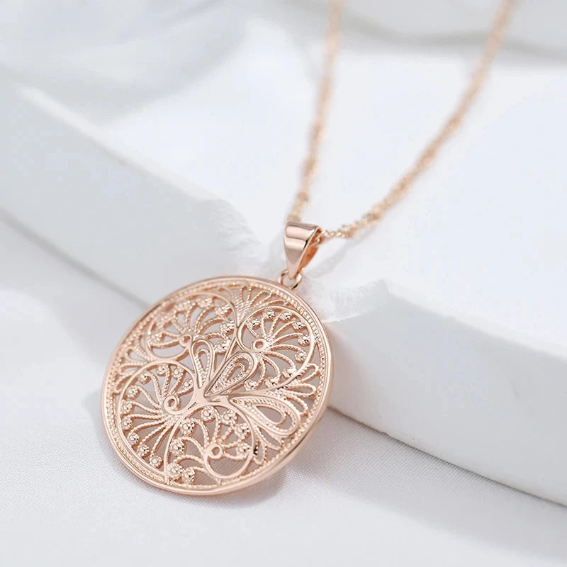 Colar Feminino Cobre Medalão Floral Arabesco Vazado Ouro Rosé