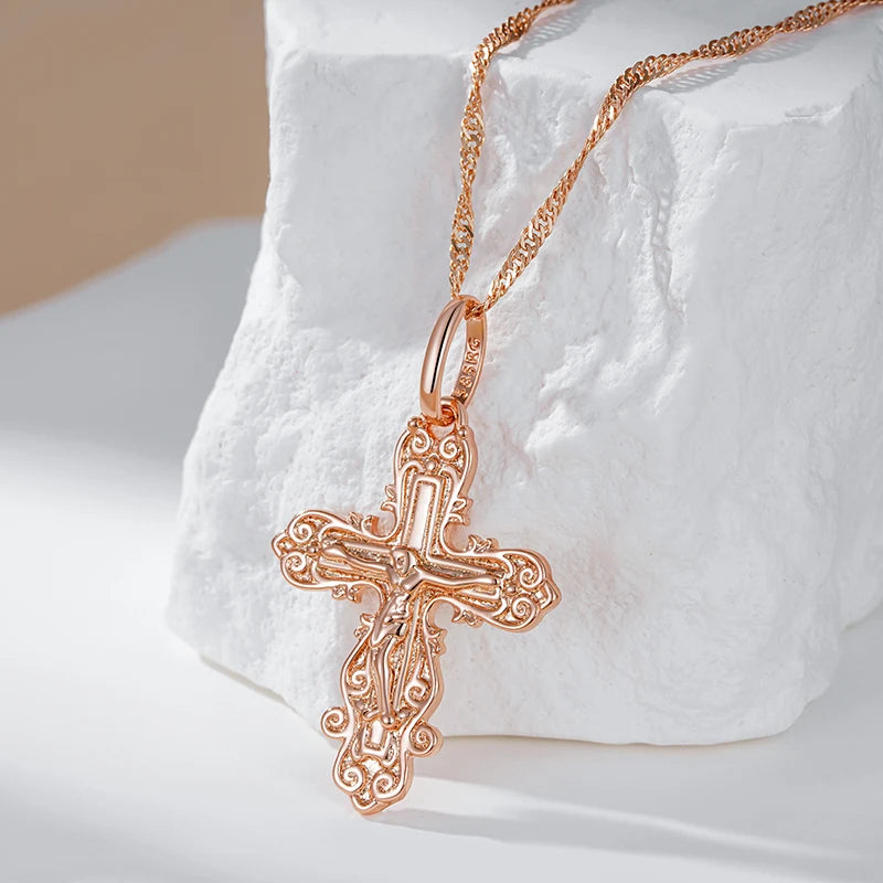 Colar Feminino Cobre Cruz Ortodoxa Barroca Arabesco Ouro Rosé