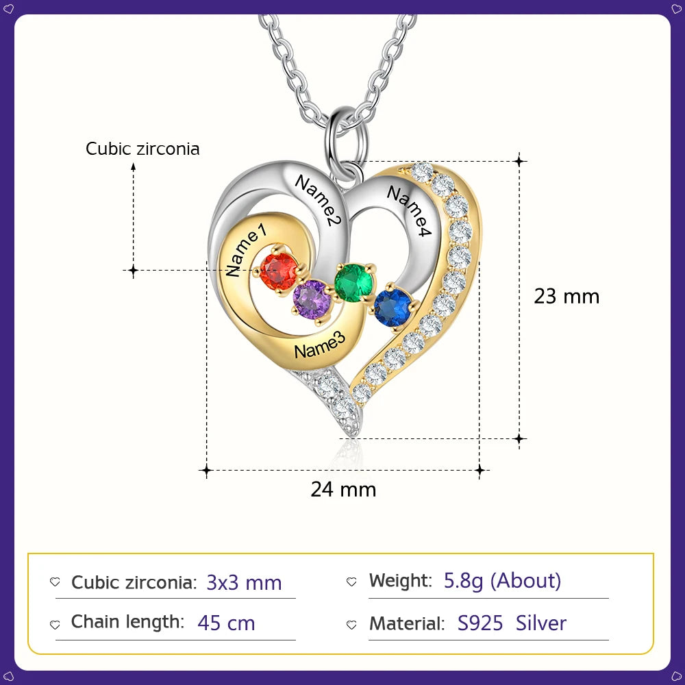925 prata esterlina personalizado coração colar com 1-5 birthstones personalizado gravado nome das mães pingentes presentes do ano novo