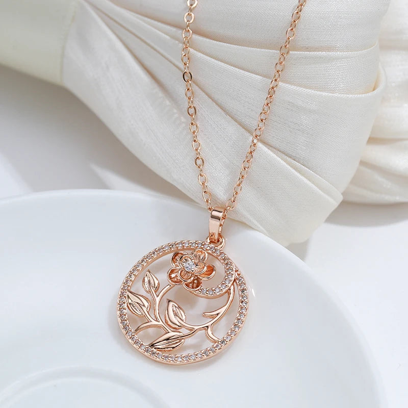 Colar Feminino Cobre Círculo Jardim Secreto Flor 3D Pavê Zircônia Ouro Rosé 585