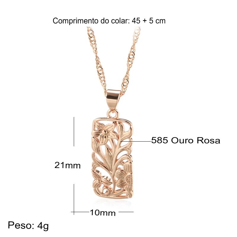 Colar Feminino Cobre Retângulo Filigrana Floral Botânico Vazado Ouro Rosé 585