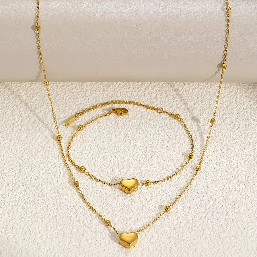 Kit Colar E Pulseira Feminino Coração 3D Em Aço Inoxidável