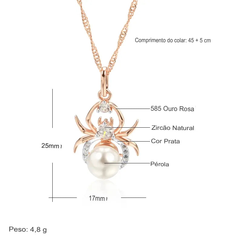 Colar Feminino Cobre Aranha Pérola Zircônia Ouro Rosé 585