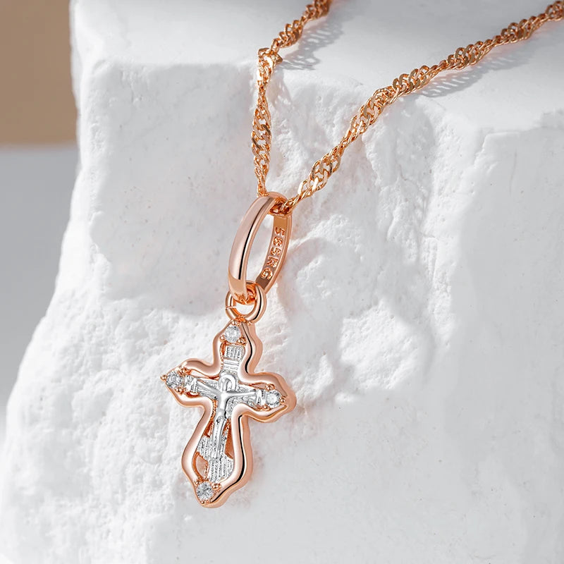 Colar Feminino Cobre Cruz Ortodoxa Zircônia Ouro Rosé 585