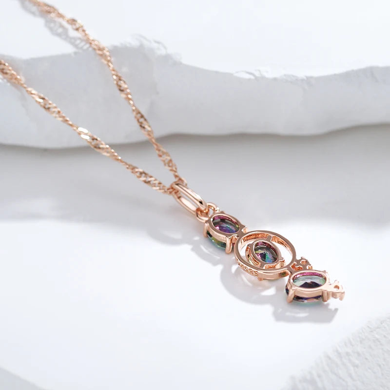 Colar Feminino Cobre Trio Topázio Místico Oval Cascata Iridescente Ouro Rosé 585