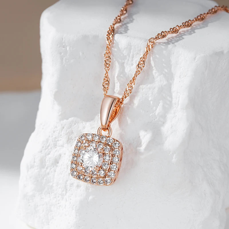 Colar Feminino Cobre Quadrado Halo Duplo Zircônia Ouro Rosé 585