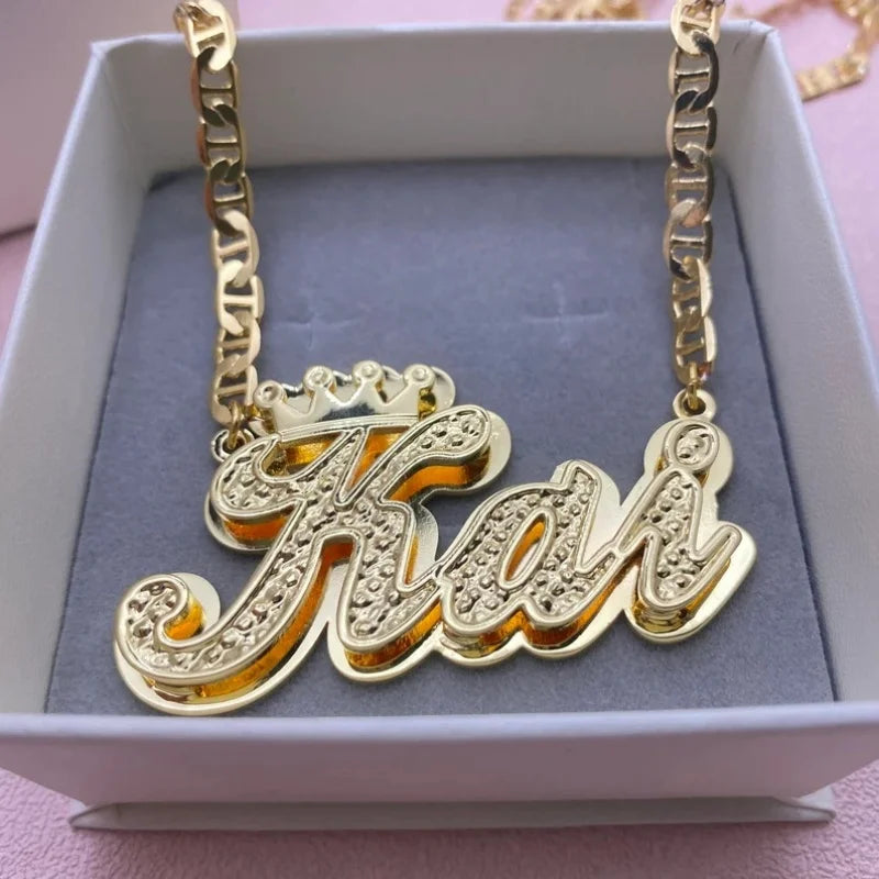Dhqh-personalizado nome 3d colar para as mulheres, pingente personalizado de dupla camada, corrente plana, jóias de aço inoxidável, presente