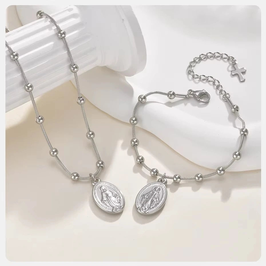 Kit Colar e Pulseira Nossa Senhora das Graças Medalha Oval Aço Inoxidável 316