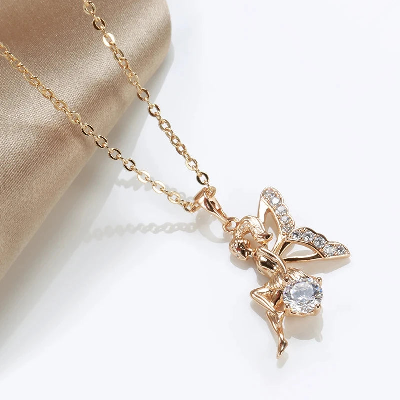 Colar Feminino Cobre Fada Borboleta Zircônia Cristal Ouro Rosé 585