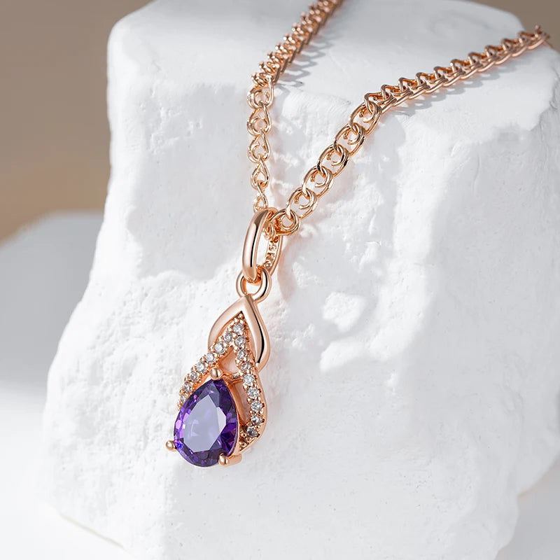 Colar Feminino Cobre Ametista Gota Laço Zircônia Ouro Rosé 585