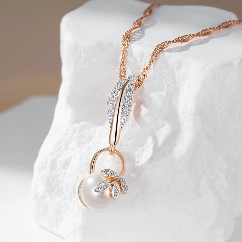 Colar Feminino Cobre Folha Pavê Pérola Branca Ouro Rosé