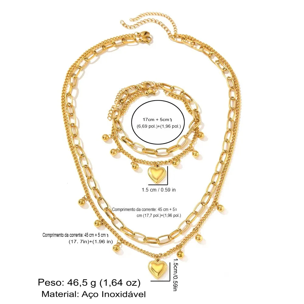 Kit Colar E Pulseira Feminino Coração Bolinhas Em Aço Inoxidável