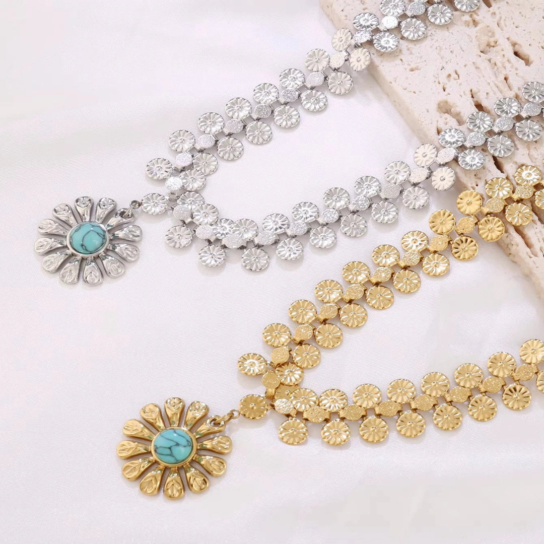 Colar Feminino Choker Flor Turquesa Solar – Aço Inoxidável
