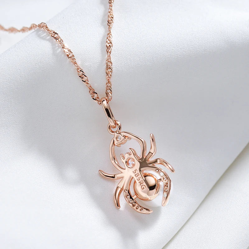 Colar Feminino Cobre Aranha Pérola Zircônia Ouro Rosé 585