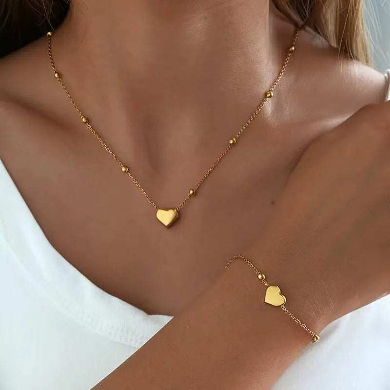 Kit Colar E Pulseira Feminino Coração 3D Em Aço Inoxidável