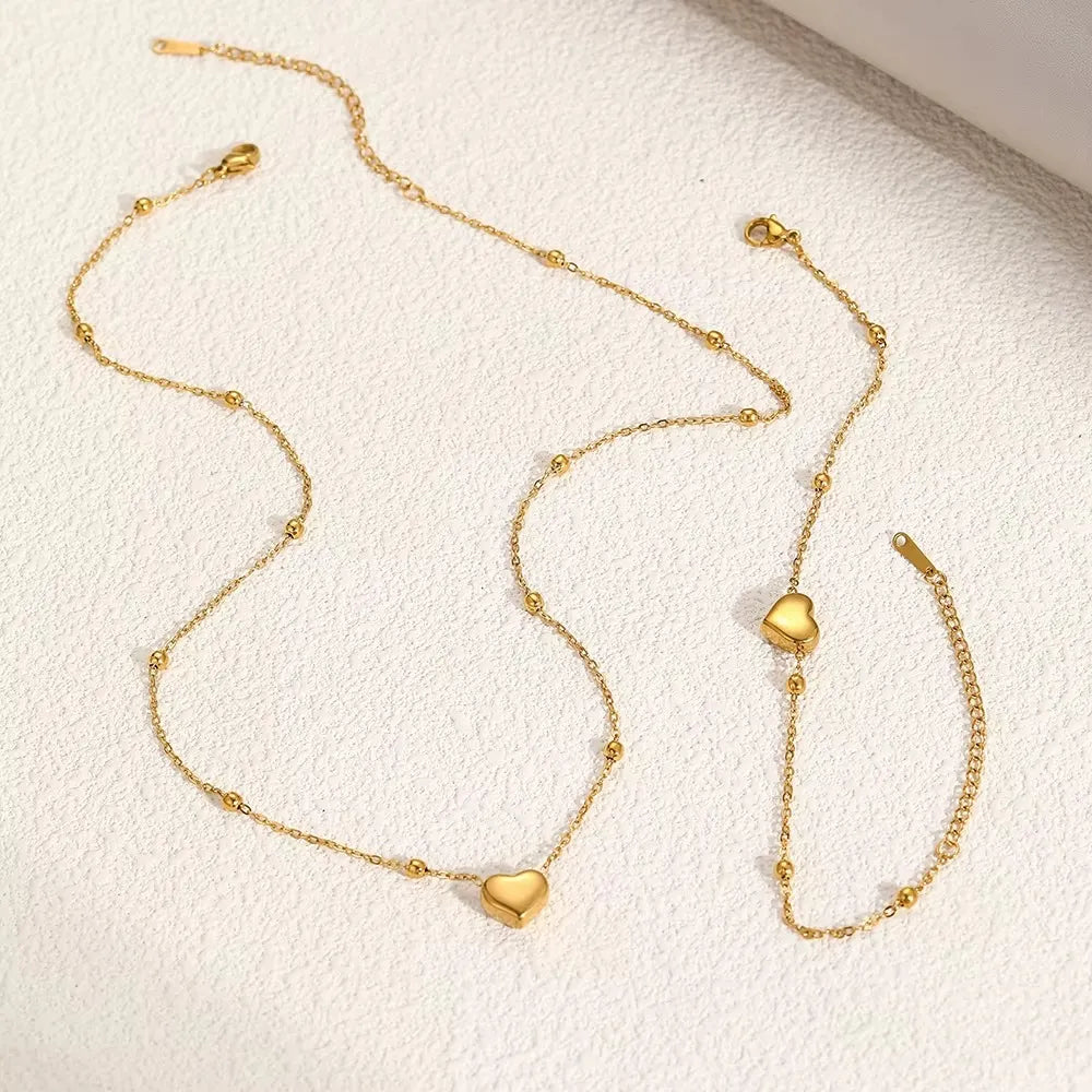 Kit Colar E Pulseira Feminino Coração 3D Em Aço Inoxidável